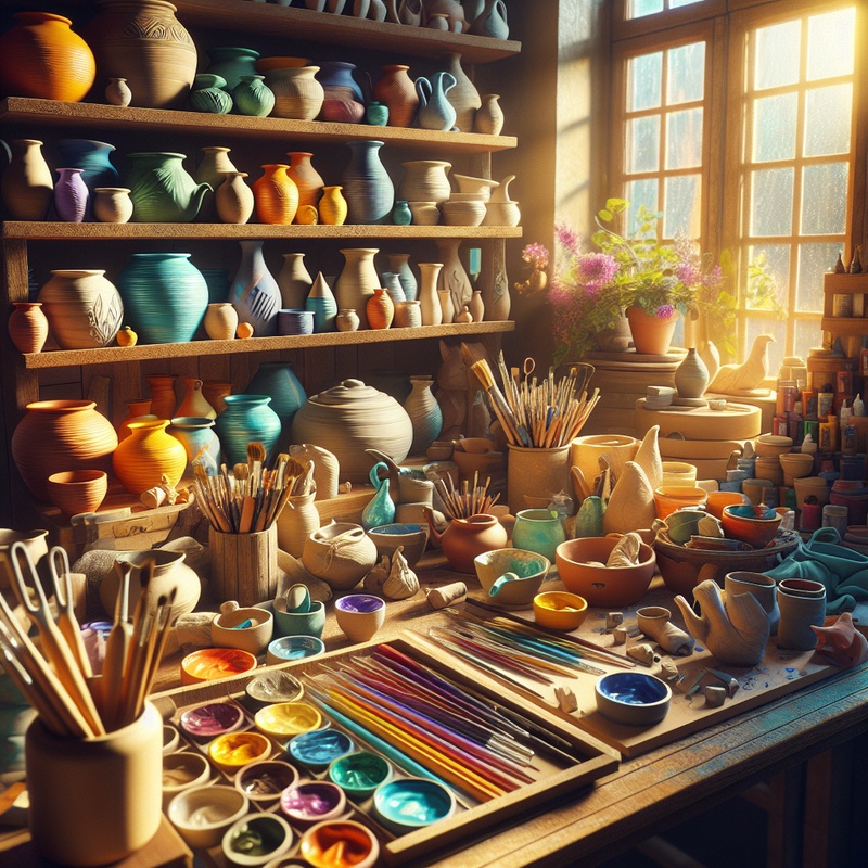 A home pottery studio with clay tools, glazes, and pottery pieces.
