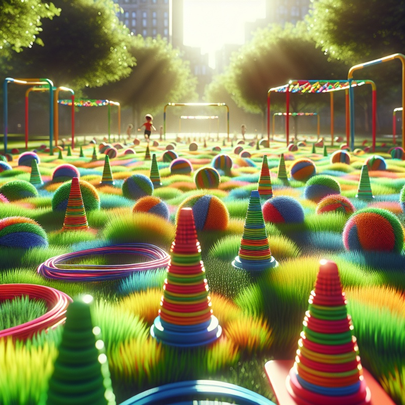 A field with cones and hoops for children's drills.