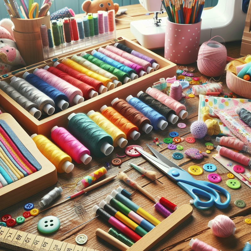 A tidy sewing area with colorful threads and child-safe sewing tools.