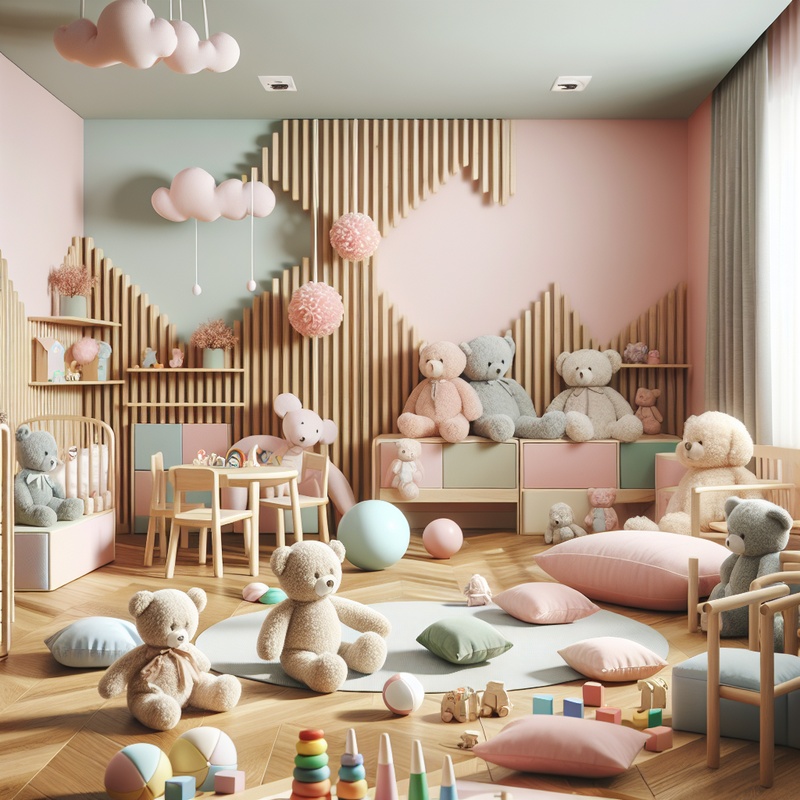 A calming children's play area with soft colors and lighting, plush toys, and wooden elements.