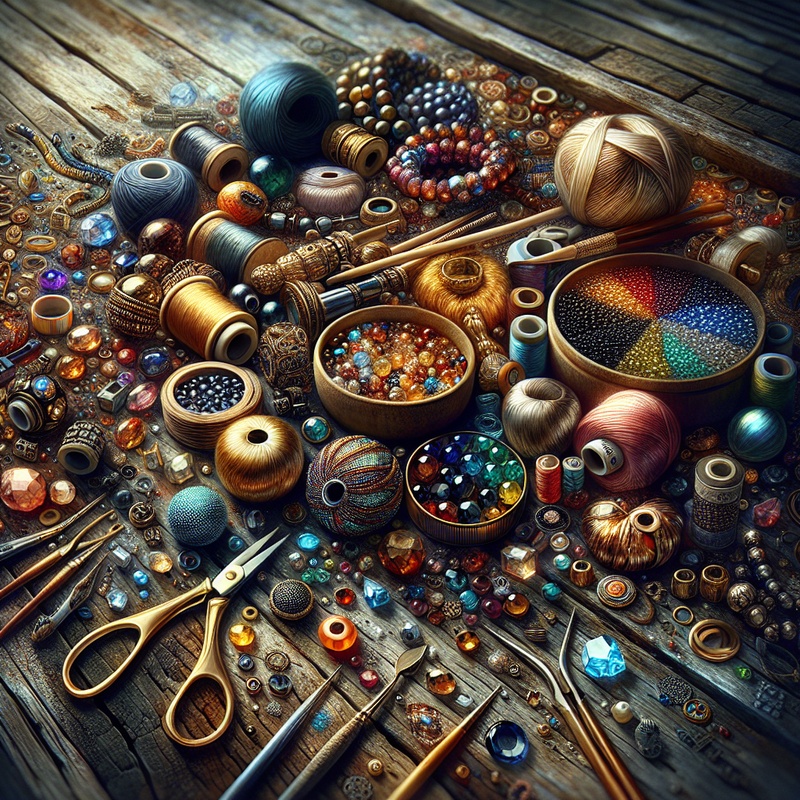 Colorful beads and crafting tools on a table.
