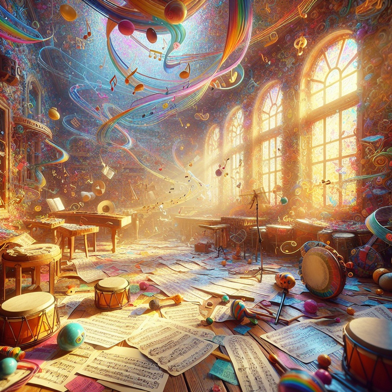 A bright music room with musical notes and instruments.