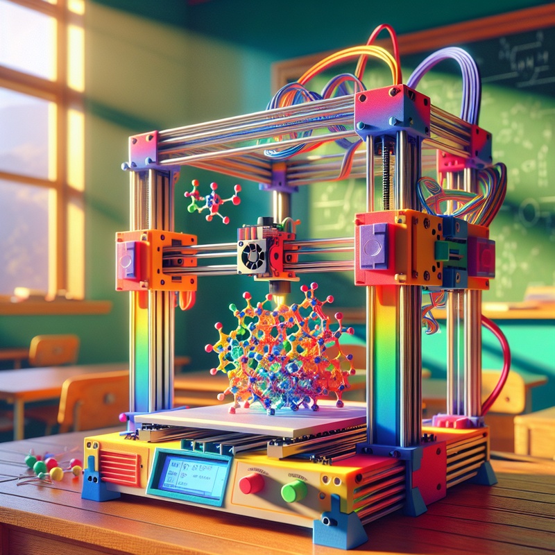 3D printer crafting a molecular model in a classroom.