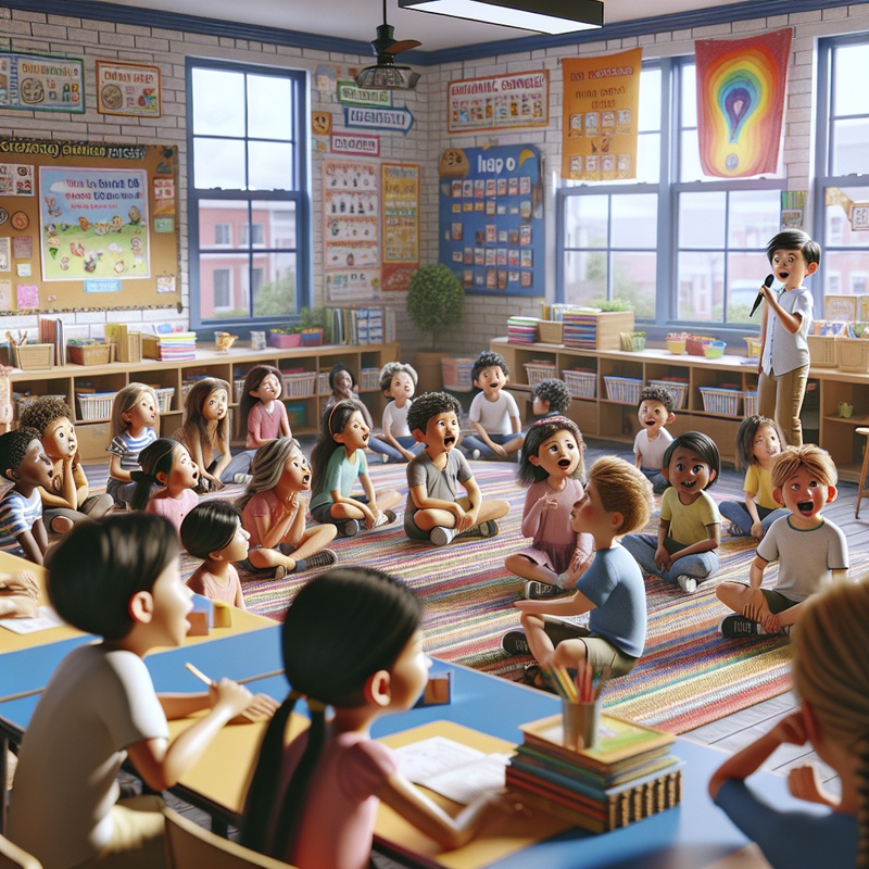 Children in a classroom participating in storytelling and speaking activities.