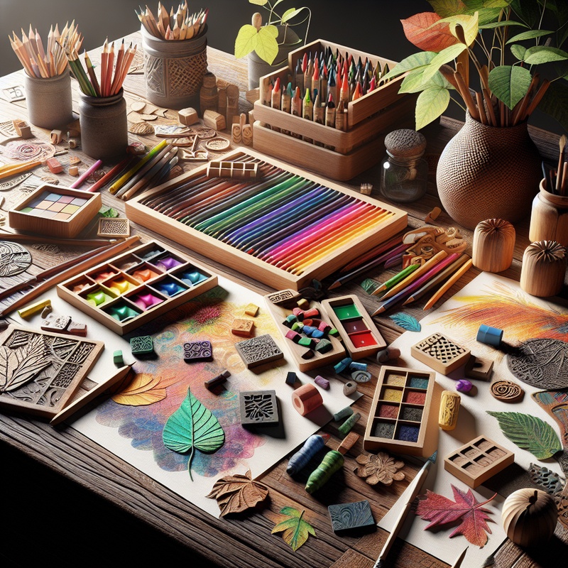 Colorful crayons, stencils, leaf rubbings, and watercolor pencils on a table.