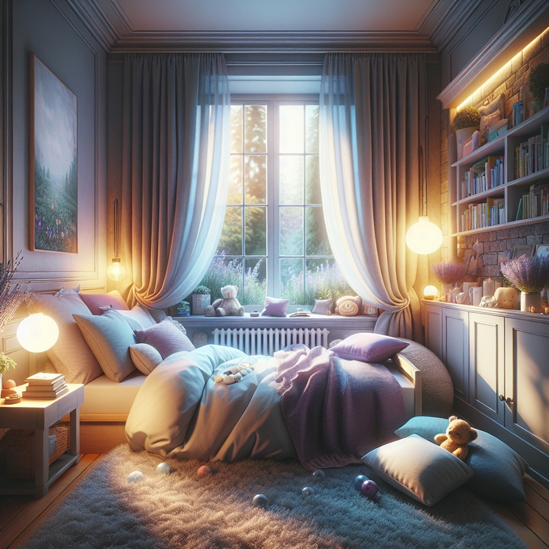 A cozy children's bedroom with soft lighting and plush bedding.