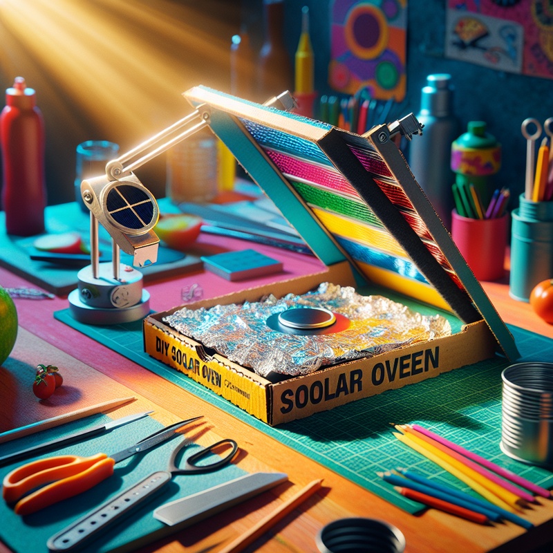 A solar oven made from a pizza box with aluminum foil and black paper in a sunlit workspace.