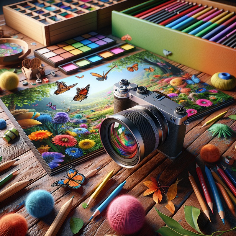 Camera on table with photography books and art supplies.