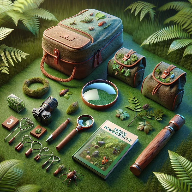 Nature scavenger hunt kit with tools and guidebook in a forest setting.