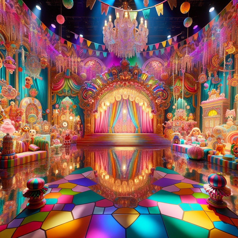 A colorful stage with props and costumes for a children's drama club.