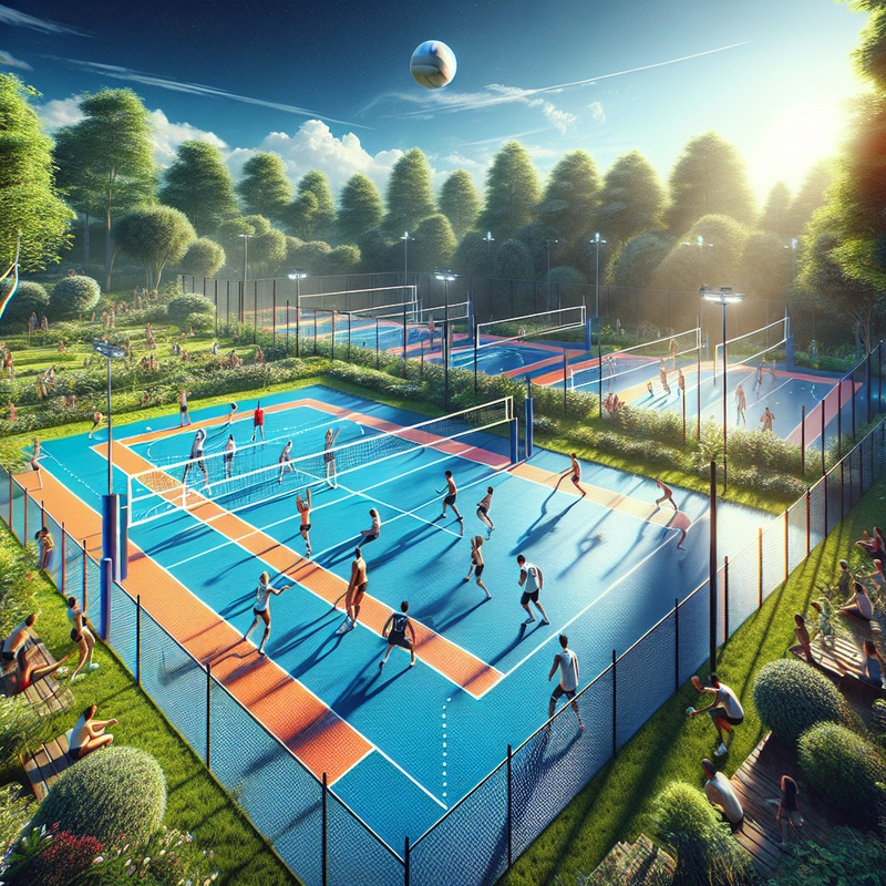 Volleyball court with net, surrounded by greenery, under blue sky.