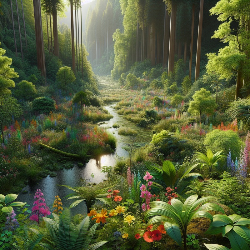 A detailed forest scene with various plants and a stream.