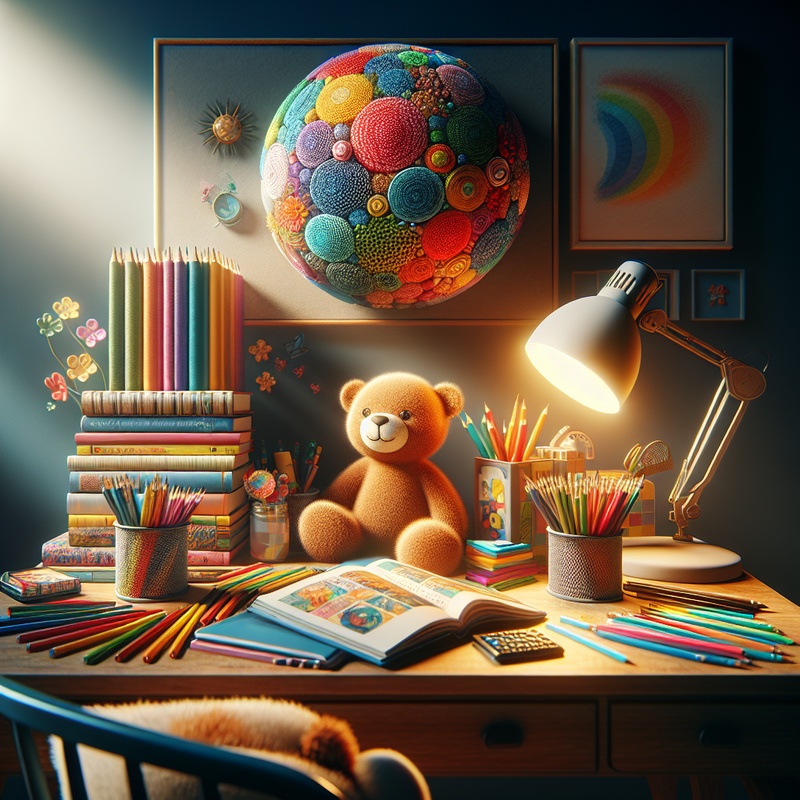 A child's desk with storybooks, pencils, and a lamp, representing creativity.
