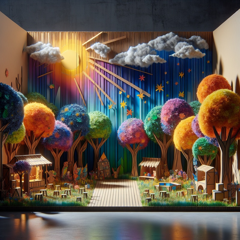 A colorful stage with handmade props and painted backdrops for a children's play.