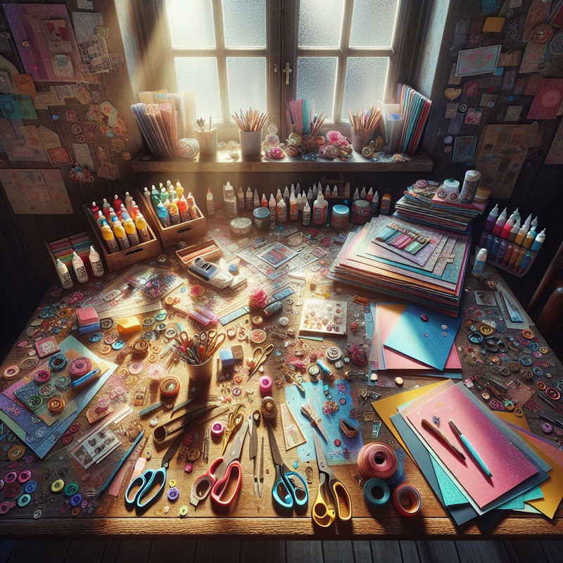 A colorful scrapbook workspace with various crafting materials on a table.
