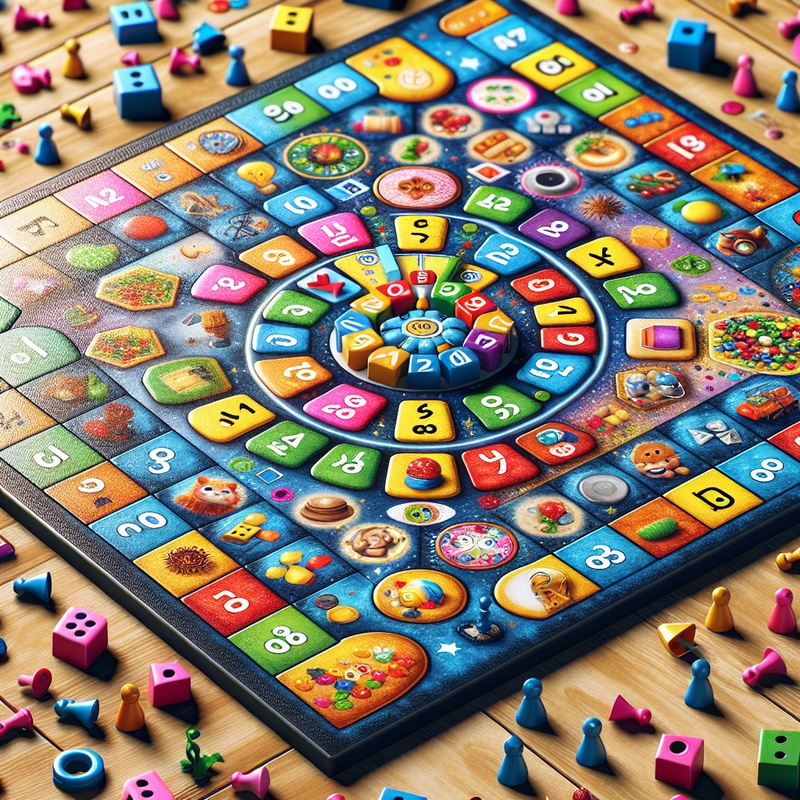 Colorful educational board game with icons, numbers, and letters on a table.