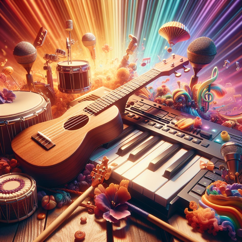 Various musical instruments like a ukulele and keyboard on a colorful background.