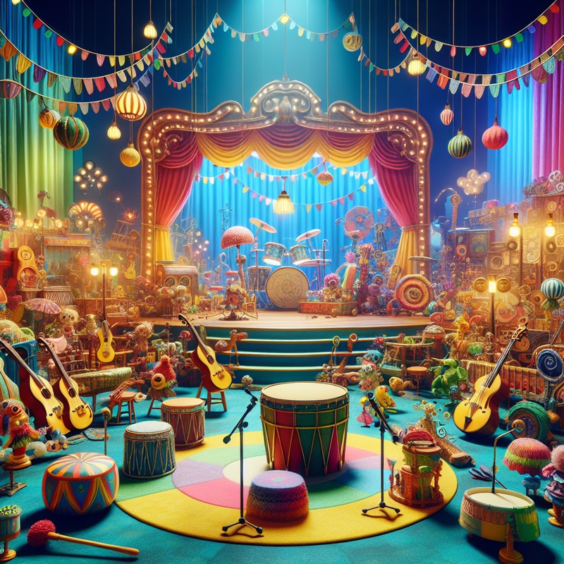 A colorful stage with props and instruments for children's storytelling.