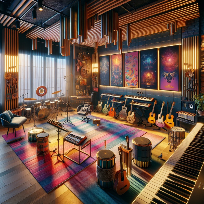 A room with various musical instruments and colorful decorations.