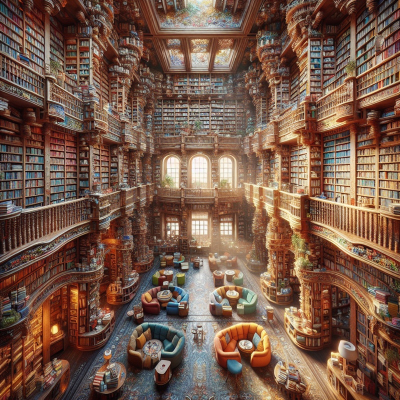 A library with colorful books and cozy reading areas.