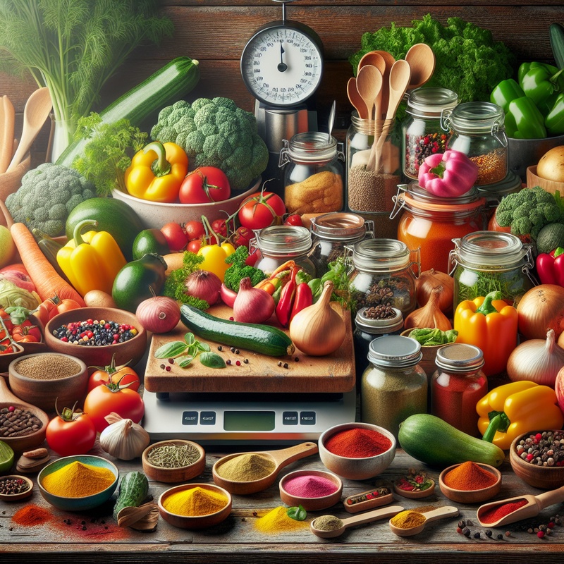 A kitchen countertop with colorful ingredients and measuring tools.