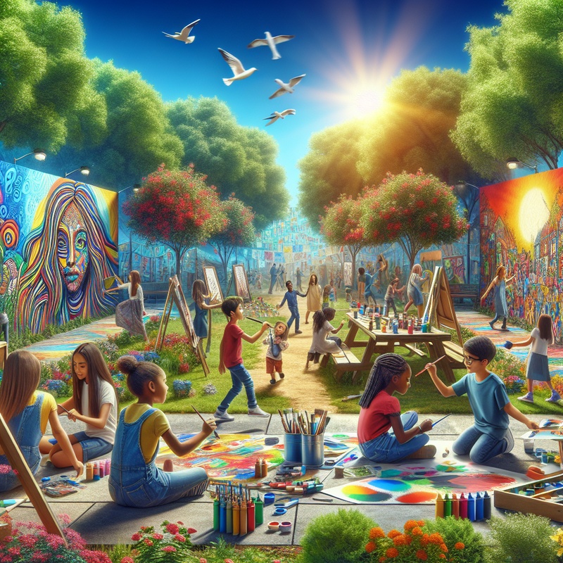 Children painting a mural together in a park with art supplies around.