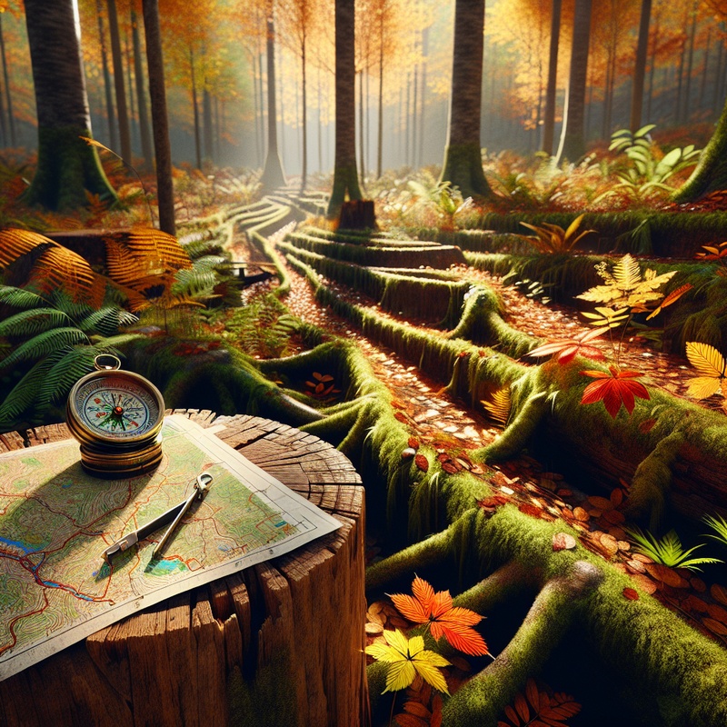 Forest scene with trails, autumn leaves, map, and compass on a stump.