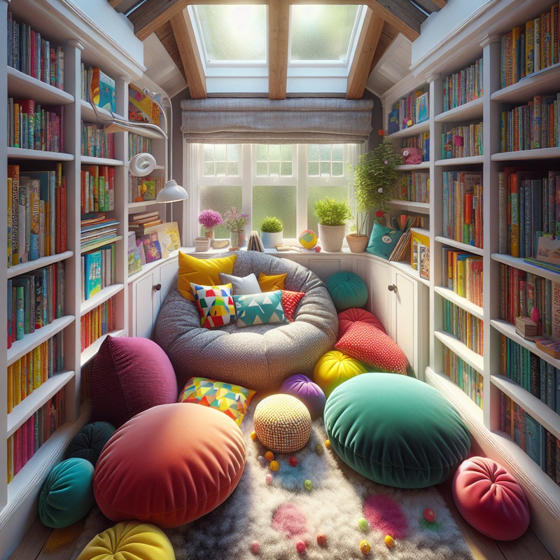 A cozy reading nook for children with colorful cushions and bookshelves.