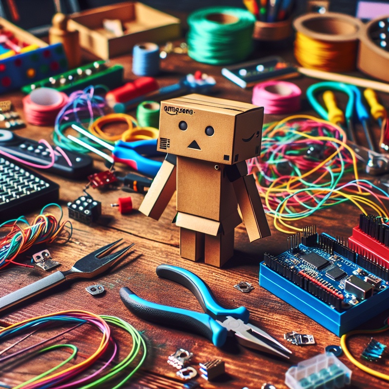 A workspace with a small cardboard robot and electronics kit on a table.