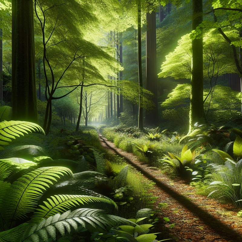 A forest trail with green plants and sunlight filtering through trees.