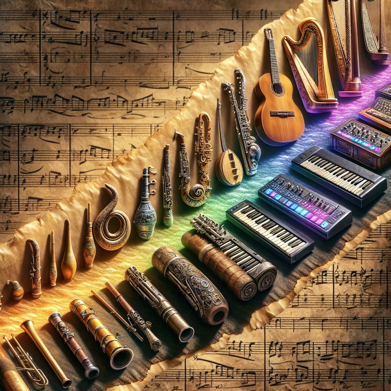 Timeline of musical instruments evolution with historical music sheets.