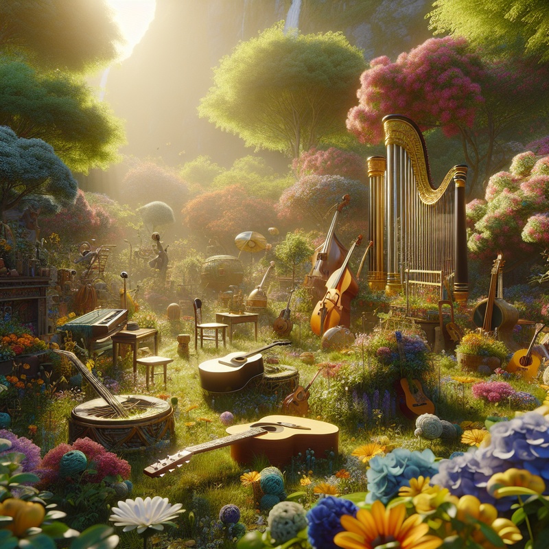 Musical instruments in a colorful garden with flowers and greenery.