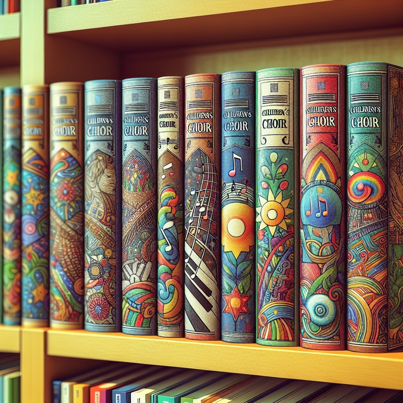 Colorful children's choir books on a shelf with musical and cultural designs.
