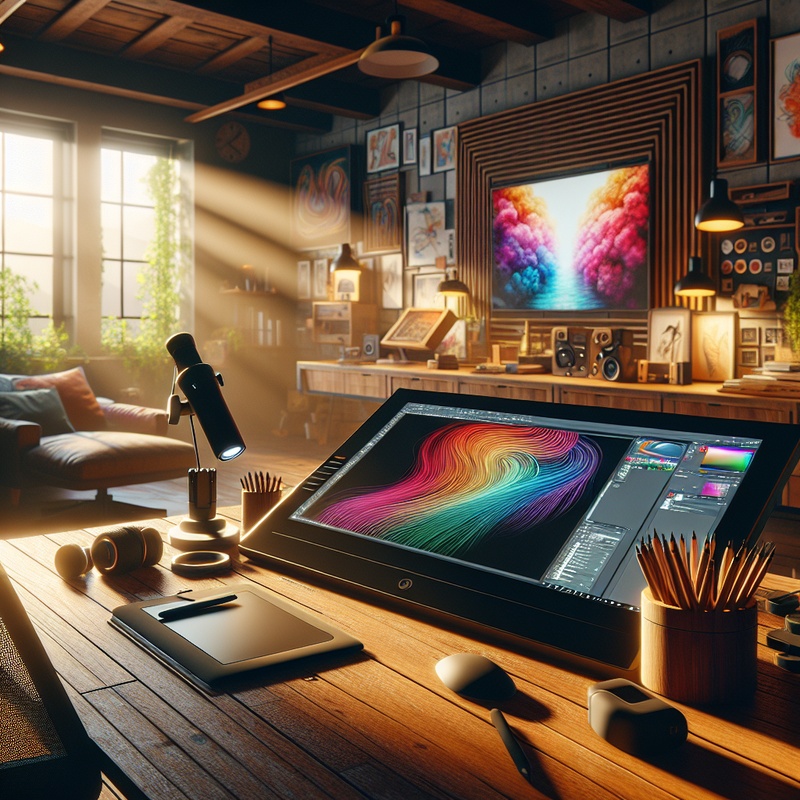Digital art setup with tablet, stylus, and colorful artwork.
