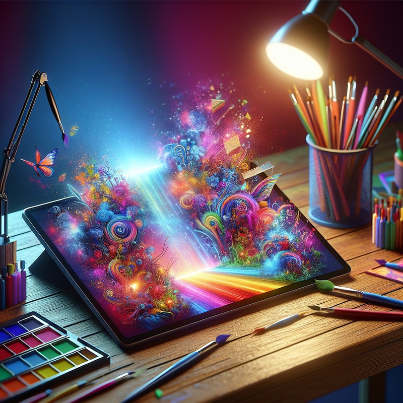A digital art setup with a tablet, brushes, and a colorful canvas.