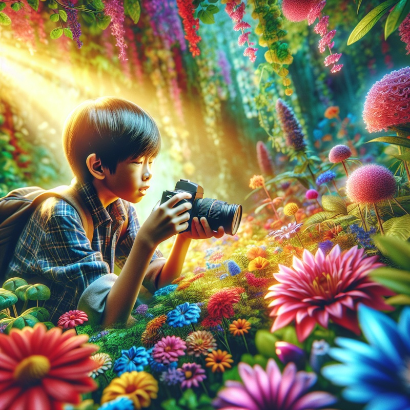 Child with camera photographing flowers in natural light.