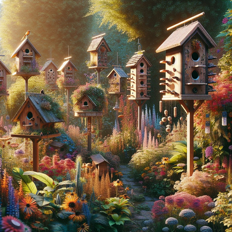 A garden with birdhouses and insect hotels among various plants and flowers.