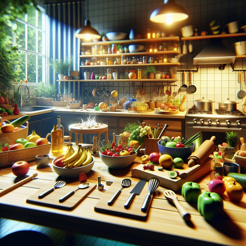 Colorful kitchen with fruits, vegetables, and child-safe cooking tools.