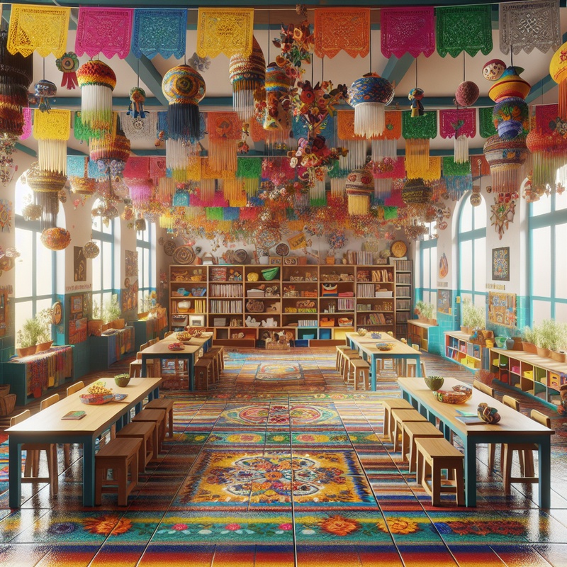 A classroom with Spanish decorations and educational materials.