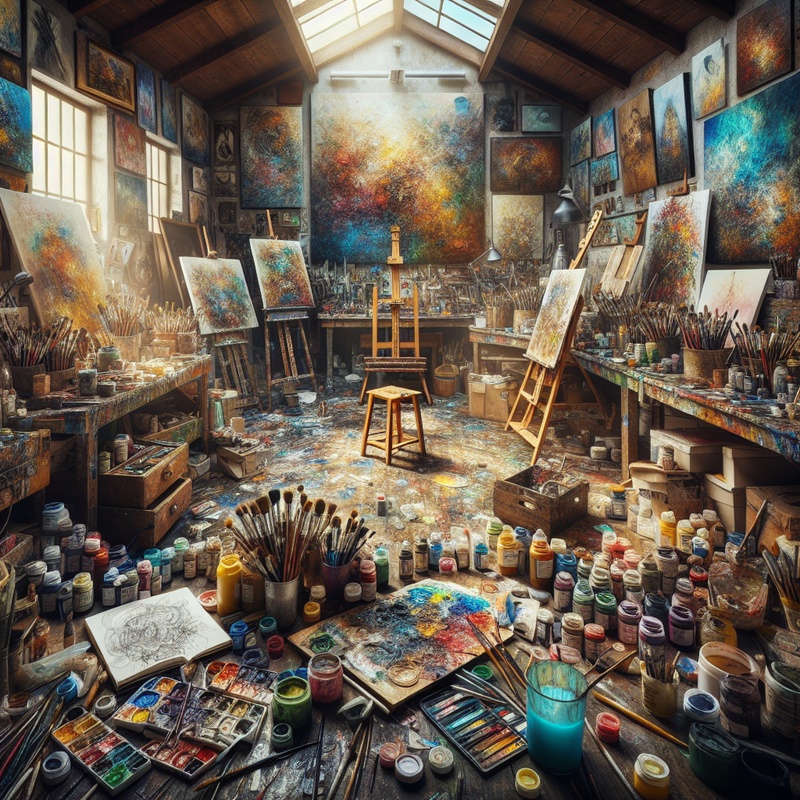A colorful art studio with various art supplies.