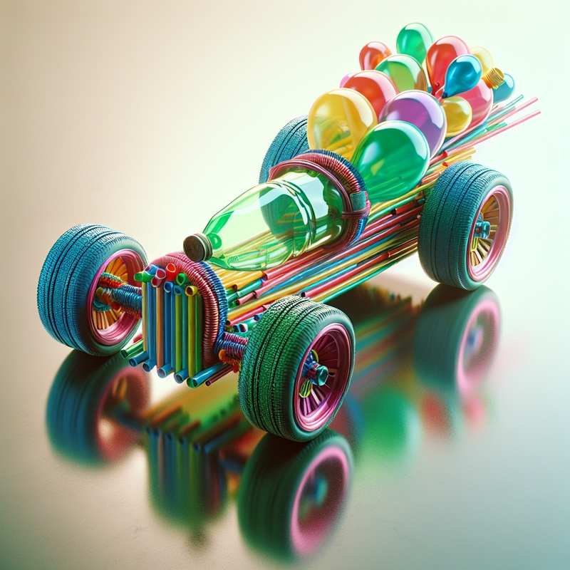 A homemade balloon-powered car using a plastic bottle and colorful materials.