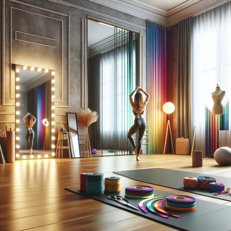 A dance-friendly living room with hardwood floors, a mirror, and colorful dance props.