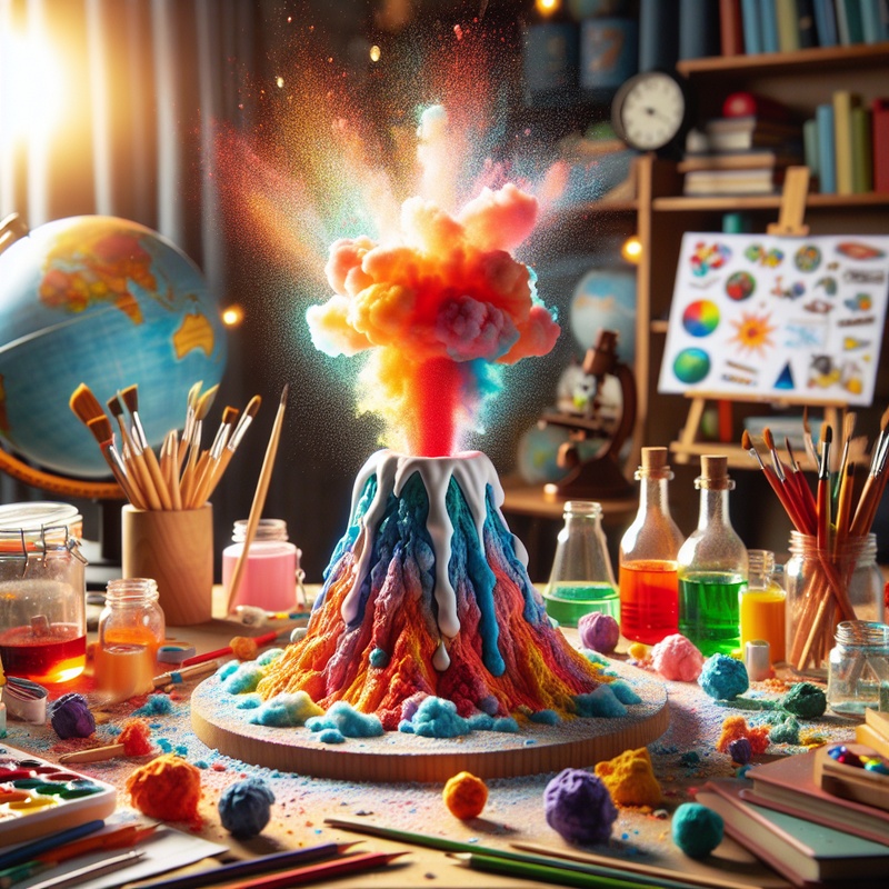 Colorful homemade volcano experiment with art supplies.