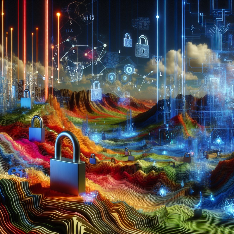 Colorful digital landscape with cybersecurity elements like locks and ciphers.