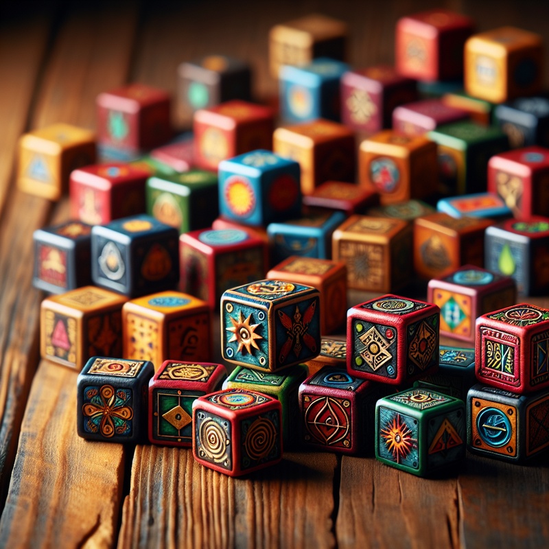 Colorful story cubes with symbols on a wooden table.