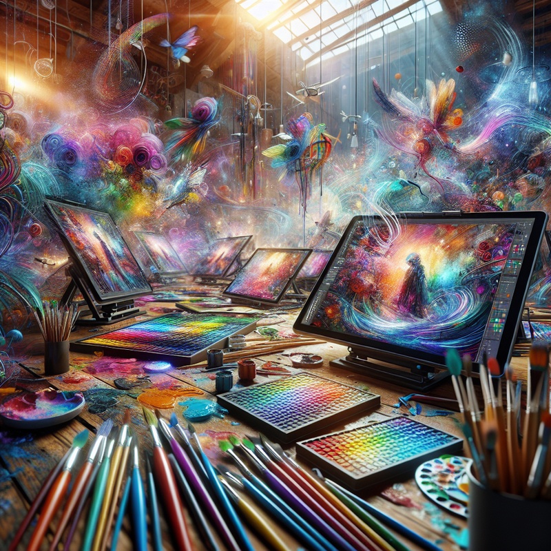 Digital art studio with colorful tools and screens displaying artworks.