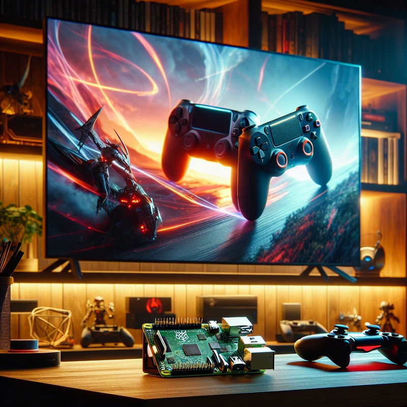 Raspberry Pi 4 connected to a TV displaying a gaming console interface.