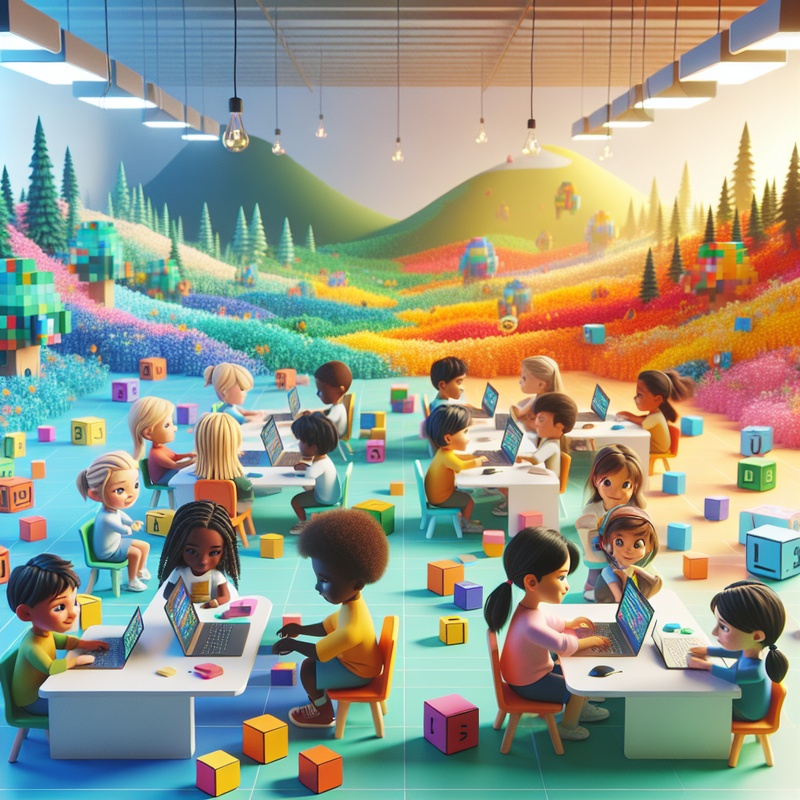 Colorful digital scene with coding blocks and animated characters.