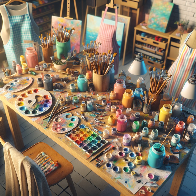 An art space with paints, brushes, and aprons.