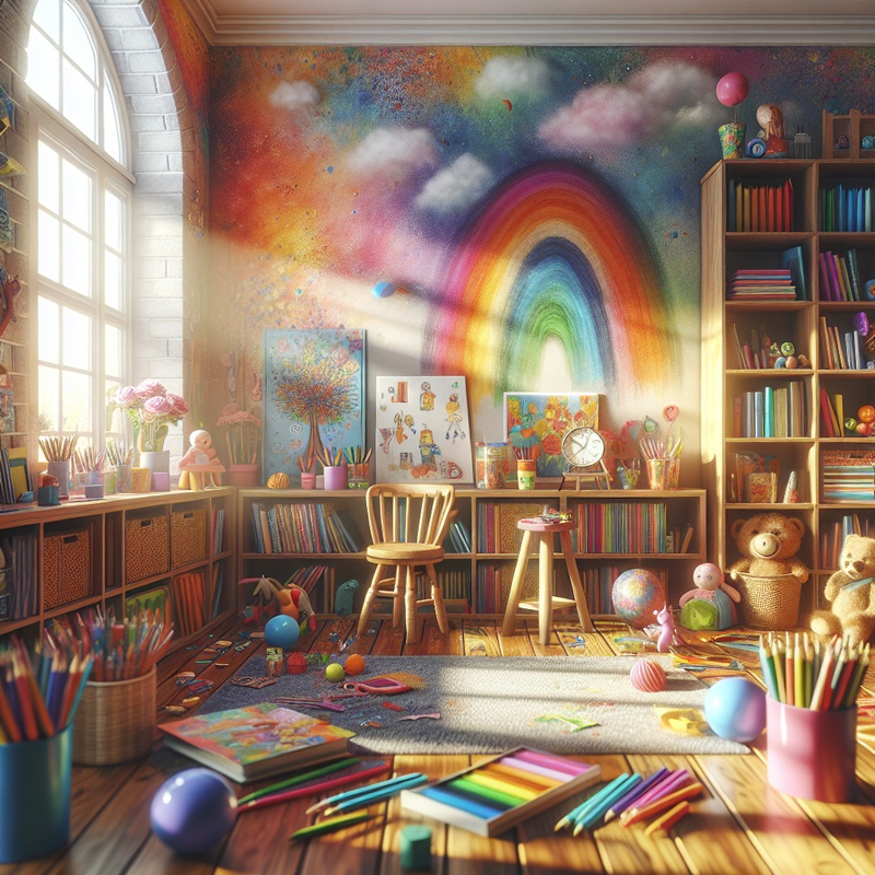 A colorful playroom with art supplies, books, and play props in natural light.